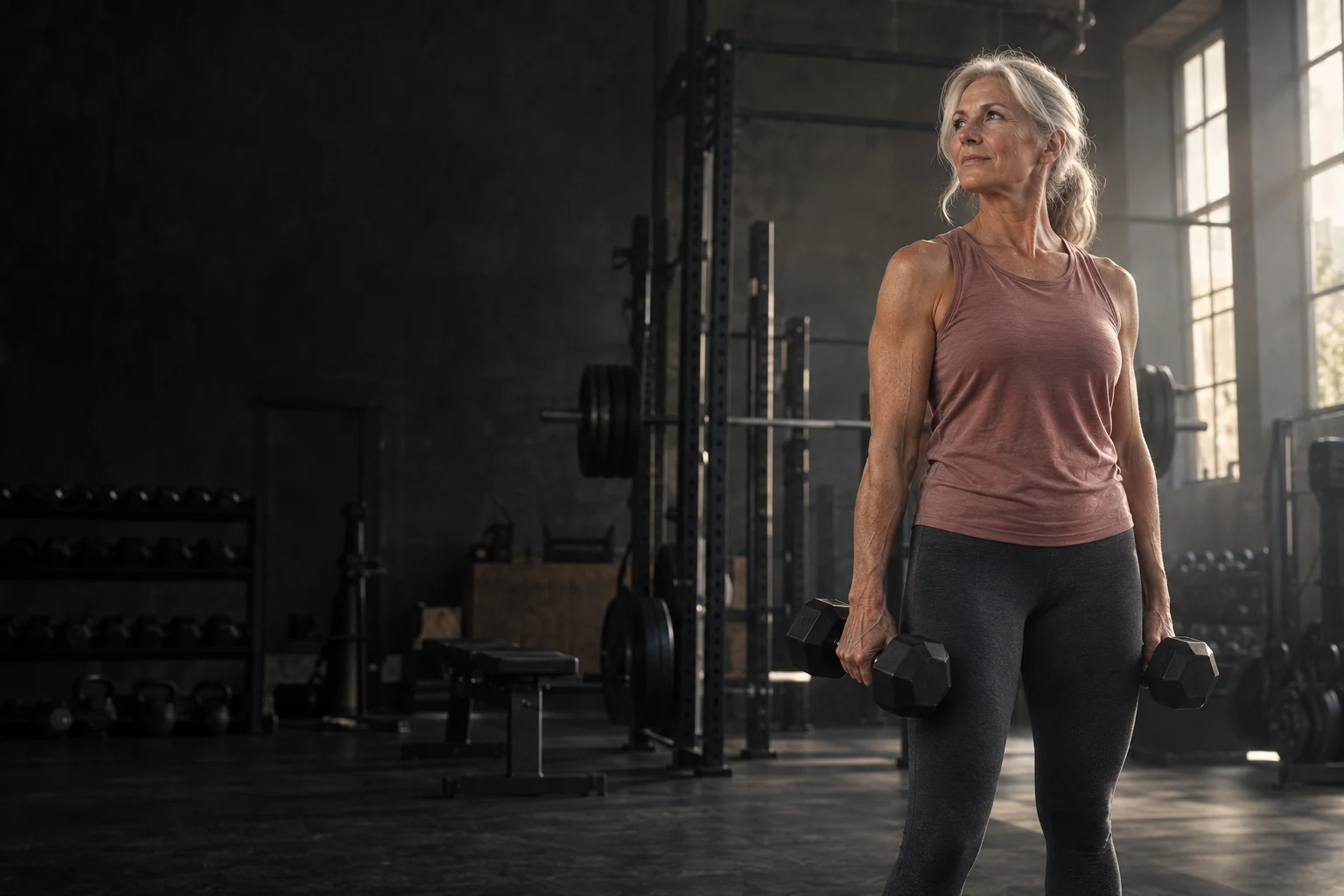 A silver-haired woman holding dumbbells in a sunlit strength gym
